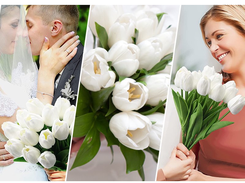 Collage of white artificial tulips: bride and groom, bouquet, woman holding tulips