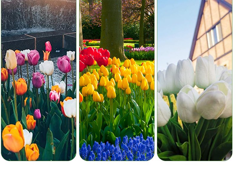Collage of artificial tulips in various colors: pink, purple, white, orange, red, and yellow, with blue hyacinths in the foreground.