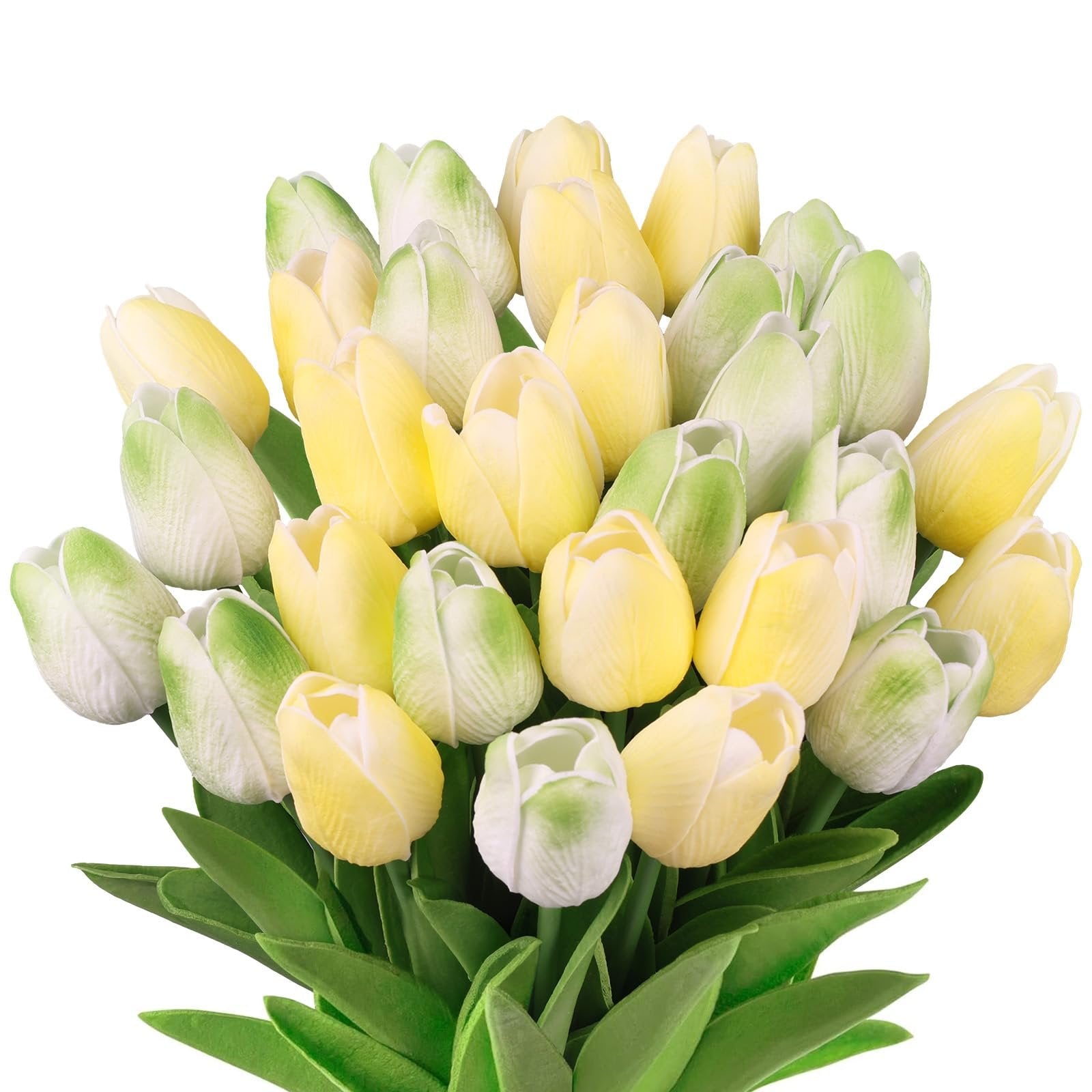 Bouquet of artificial yellow and green tulips with green leaves, isolated on white background.