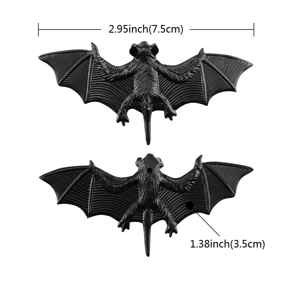Two black 3D plastic bat decorations shown from the front, with dimensions indicated.