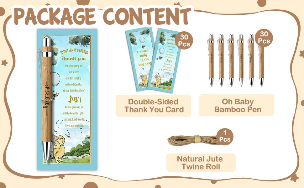 Package contents for a baby shower favor set including bamboo pens, thank you cards, and twine.