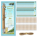 Baby shower favor set with bamboo pens, greeting cards, and twine on a white background. One pen is shown close-up with text.