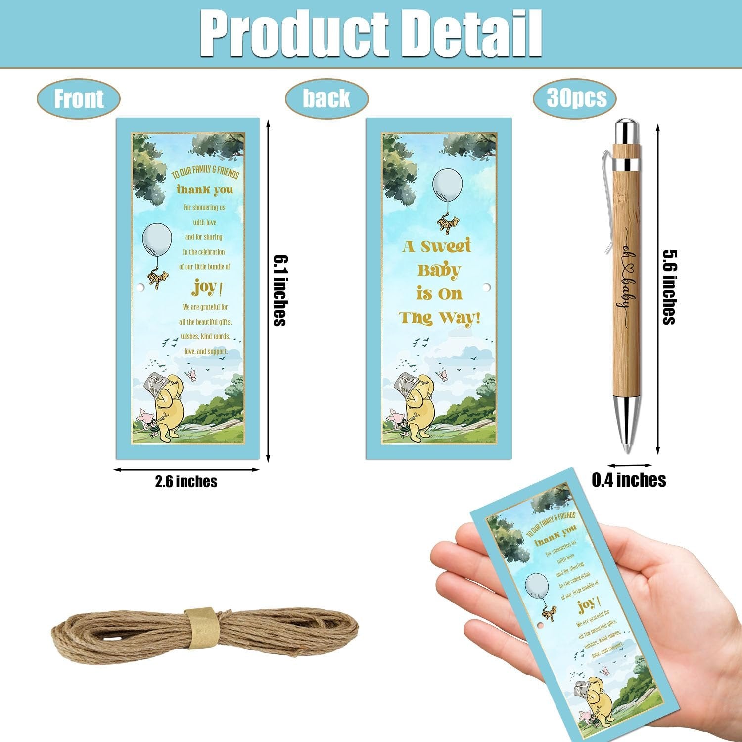 Baby shower favor set with bamboo pens and greeting cards, showing front and back of cards and a pen.