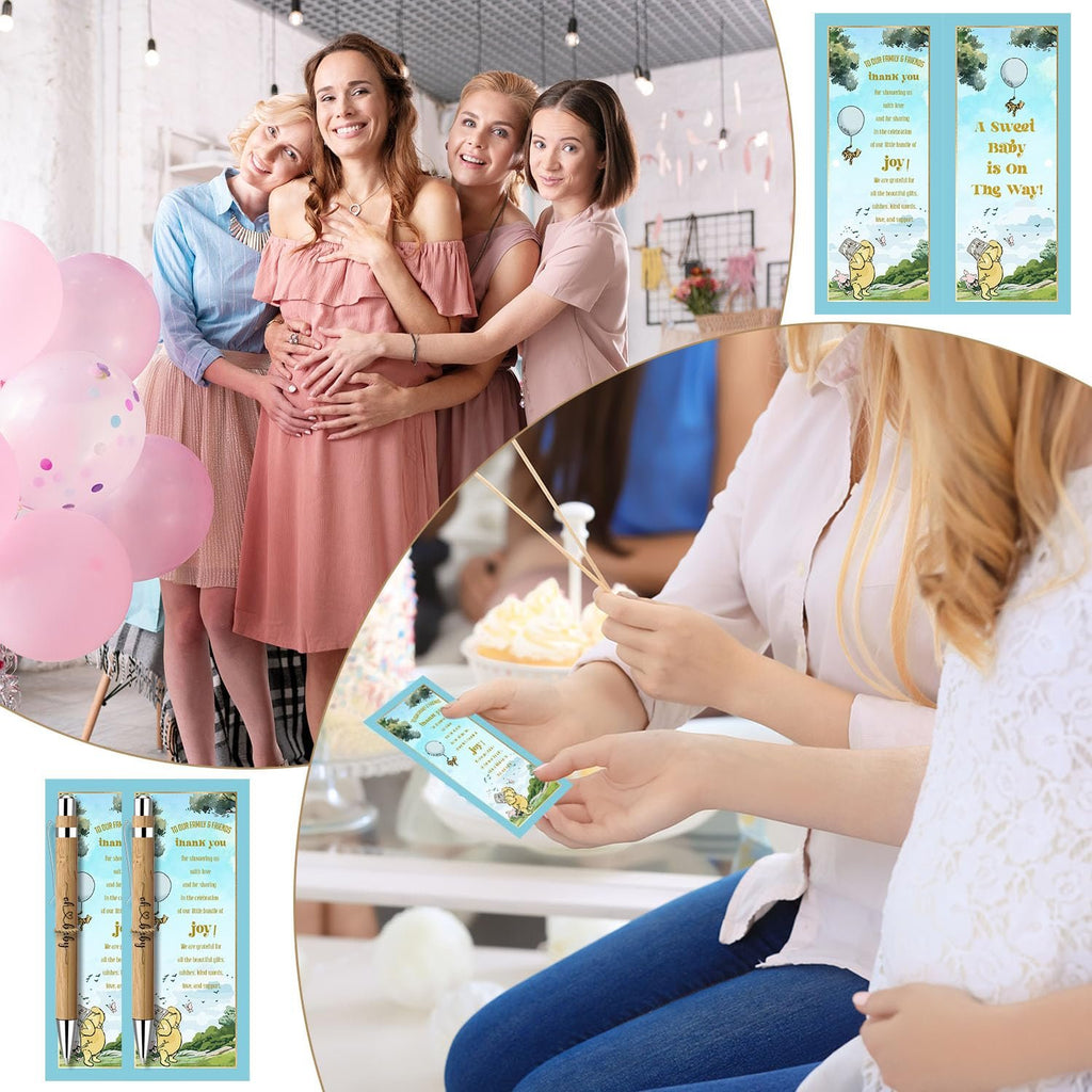 Group of women at a baby shower with pink balloons, one is pregnant and holding her belly.