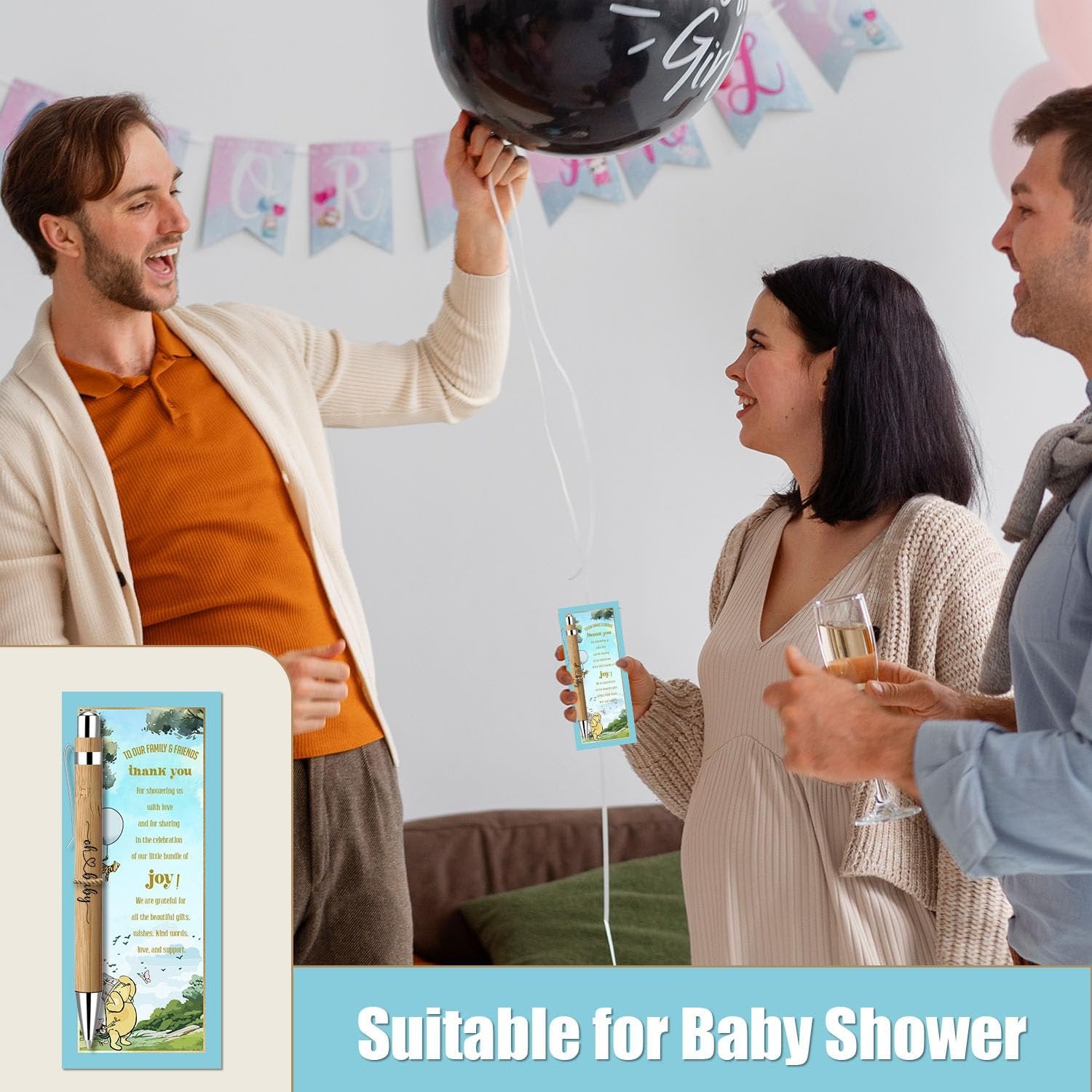 People celebrating a baby shower with a balloon and a greeting card featuring a bamboo pen.