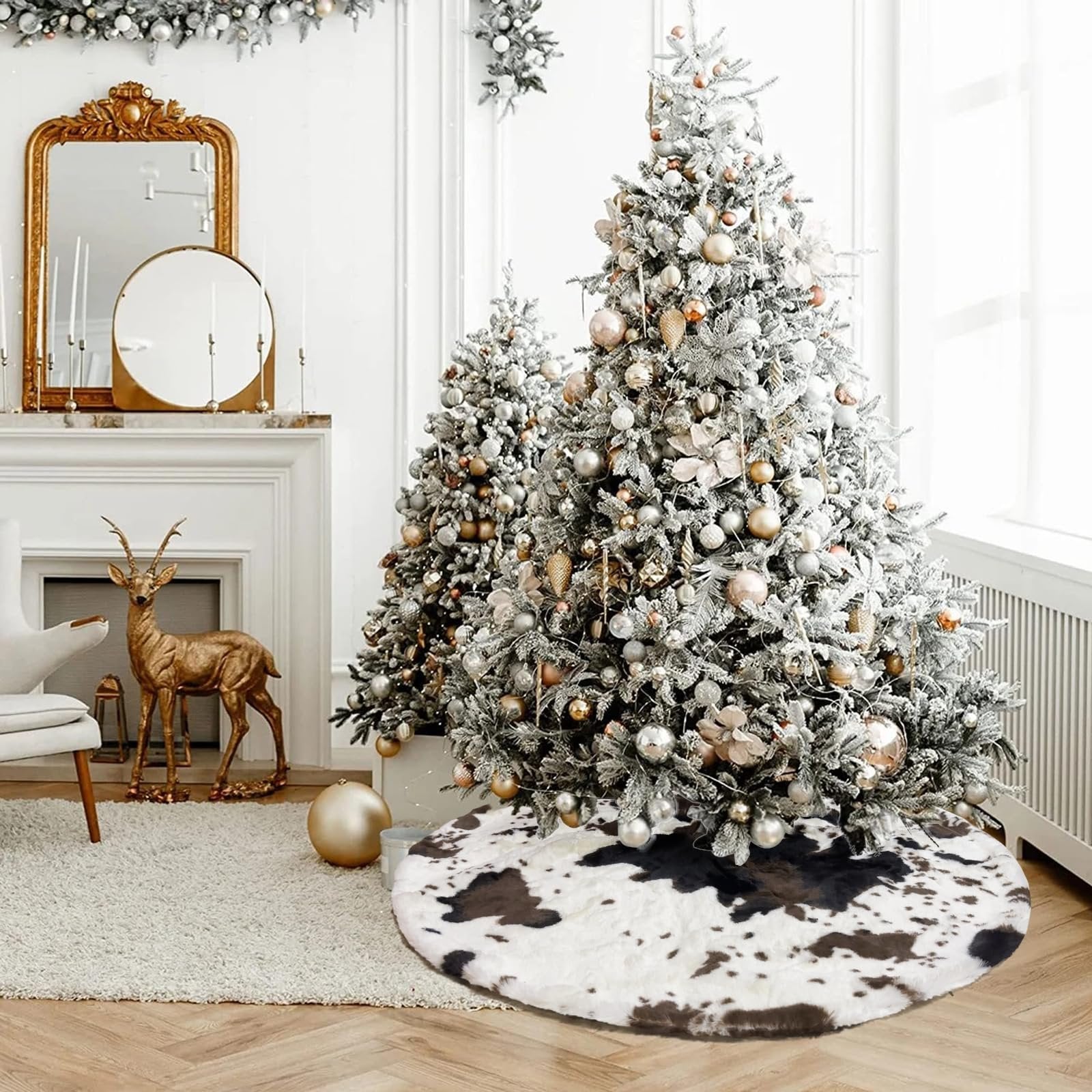 Cow print faux fur Christmas tree skirt under a flocked tree in a festive room setting
