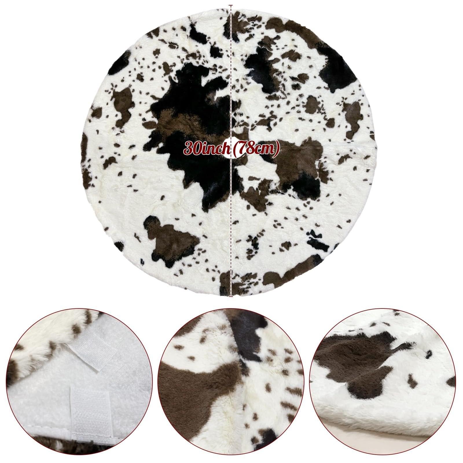 30 inch cow print faux fur Christmas tree skirt, white and black double-layer holiday tree base cover, shown flat with close-ups of texture and closure.