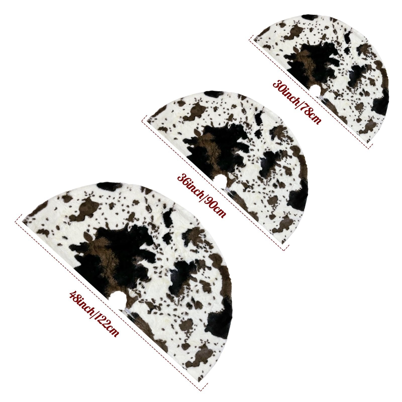 Three cow print faux fur Christmas tree skirts in different sizes, showing dimensions.