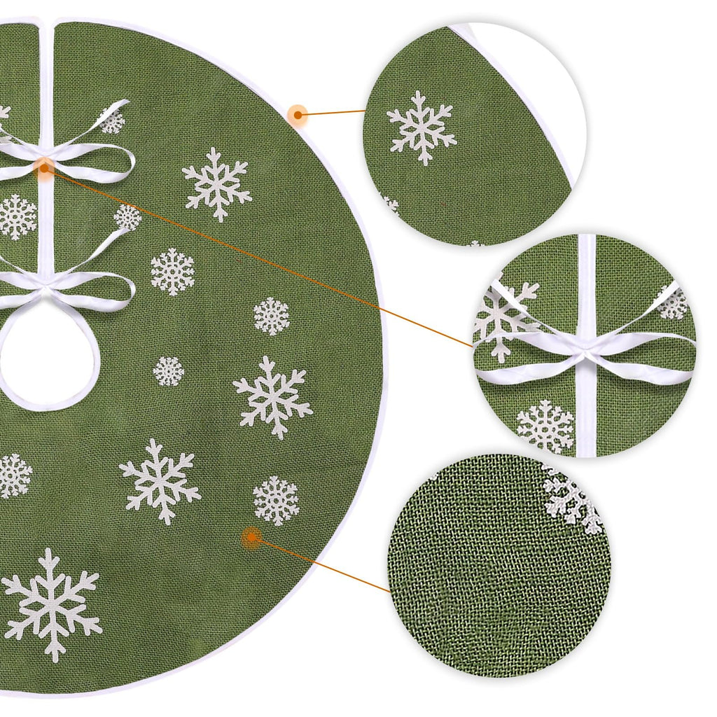 Green burlap Christmas tree skirt with white snowflake print and white ribbon ties, shown with close-up detail views.