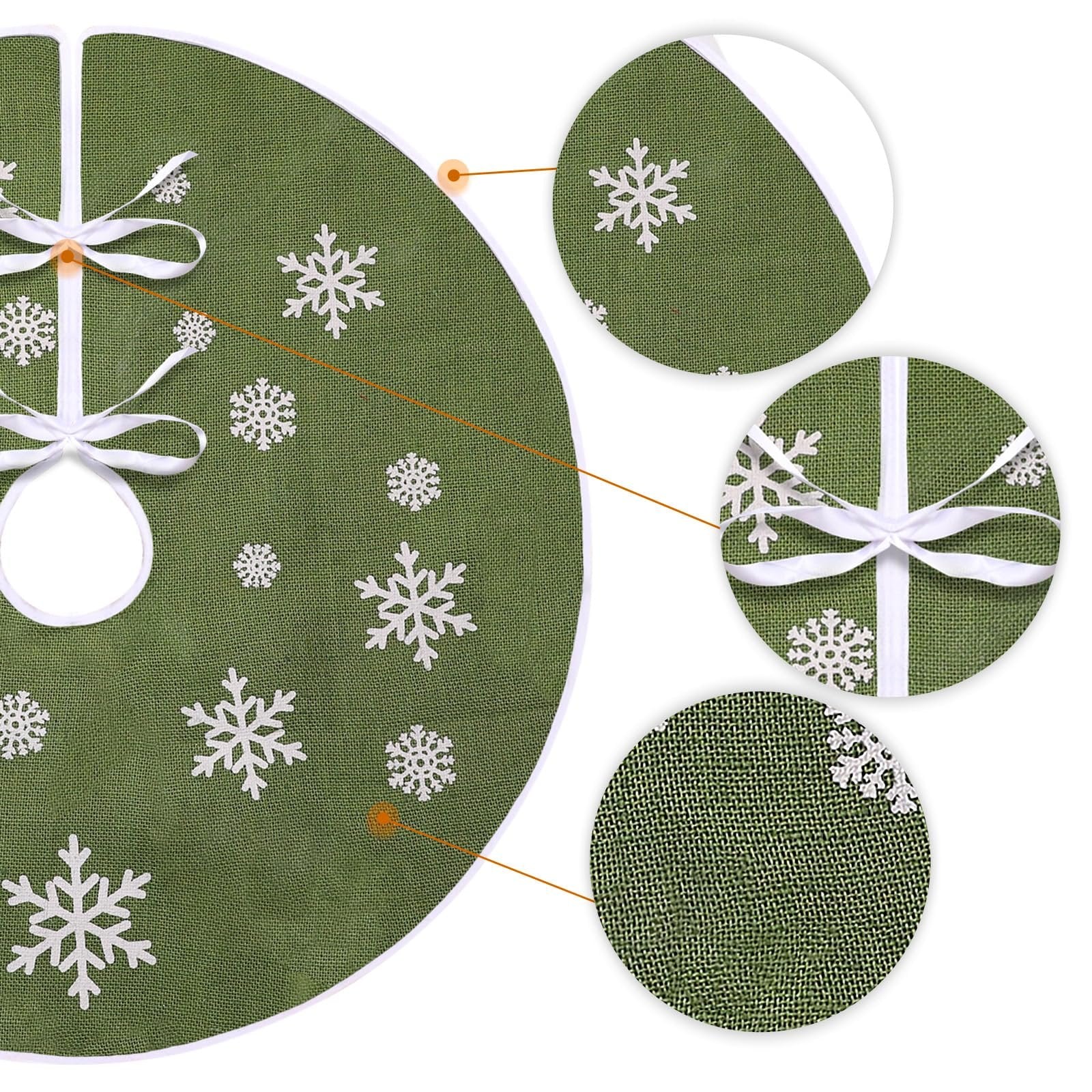 Green burlap Christmas tree skirt with white snowflake print and white ribbon ties, shown with close-up detail views.