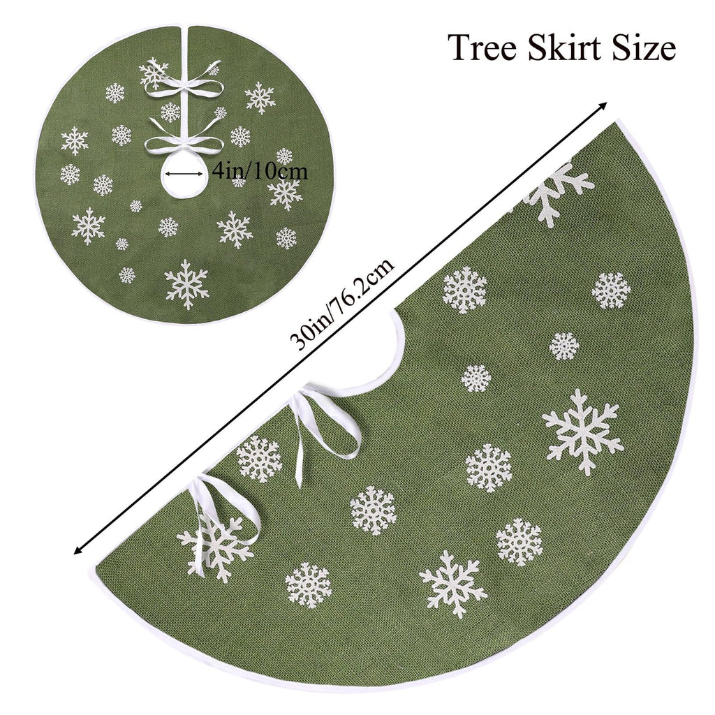 Green burlap Christmas tree skirt with white snowflake print and white trim, showing size dimensions.