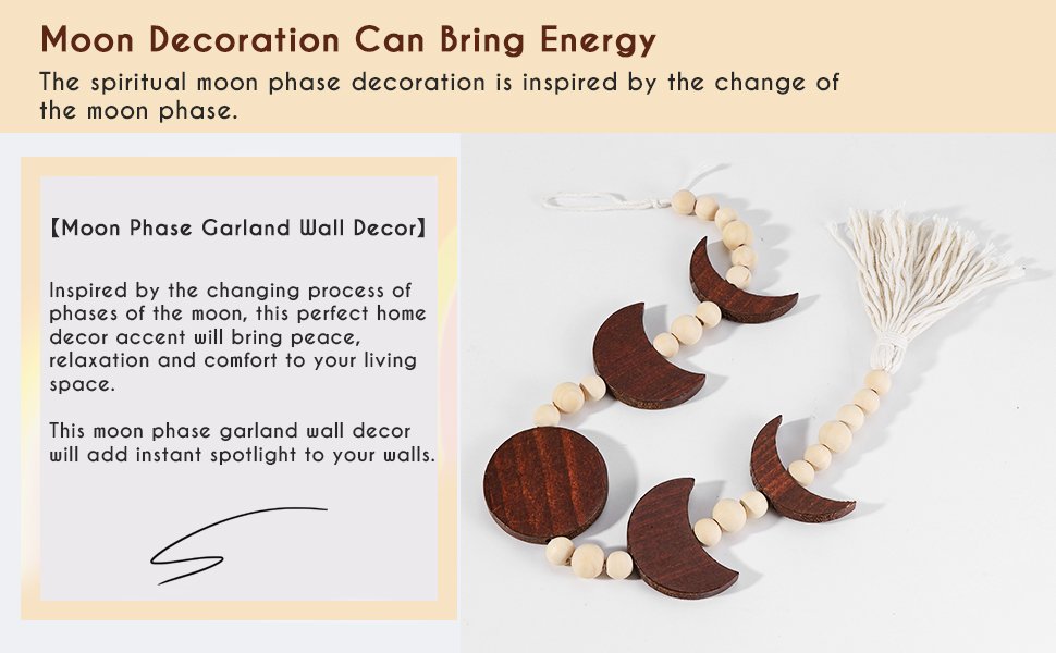 Wood moon phase wall hanging with beads and tassel, shown on a white background with text overlay.
