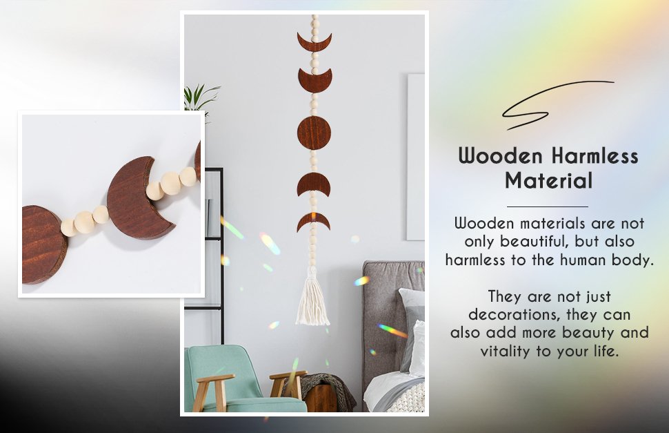 Close-up and main view of a wooden moon phase wall hanging with beads and a tassel, displayed in a bedroom setting.