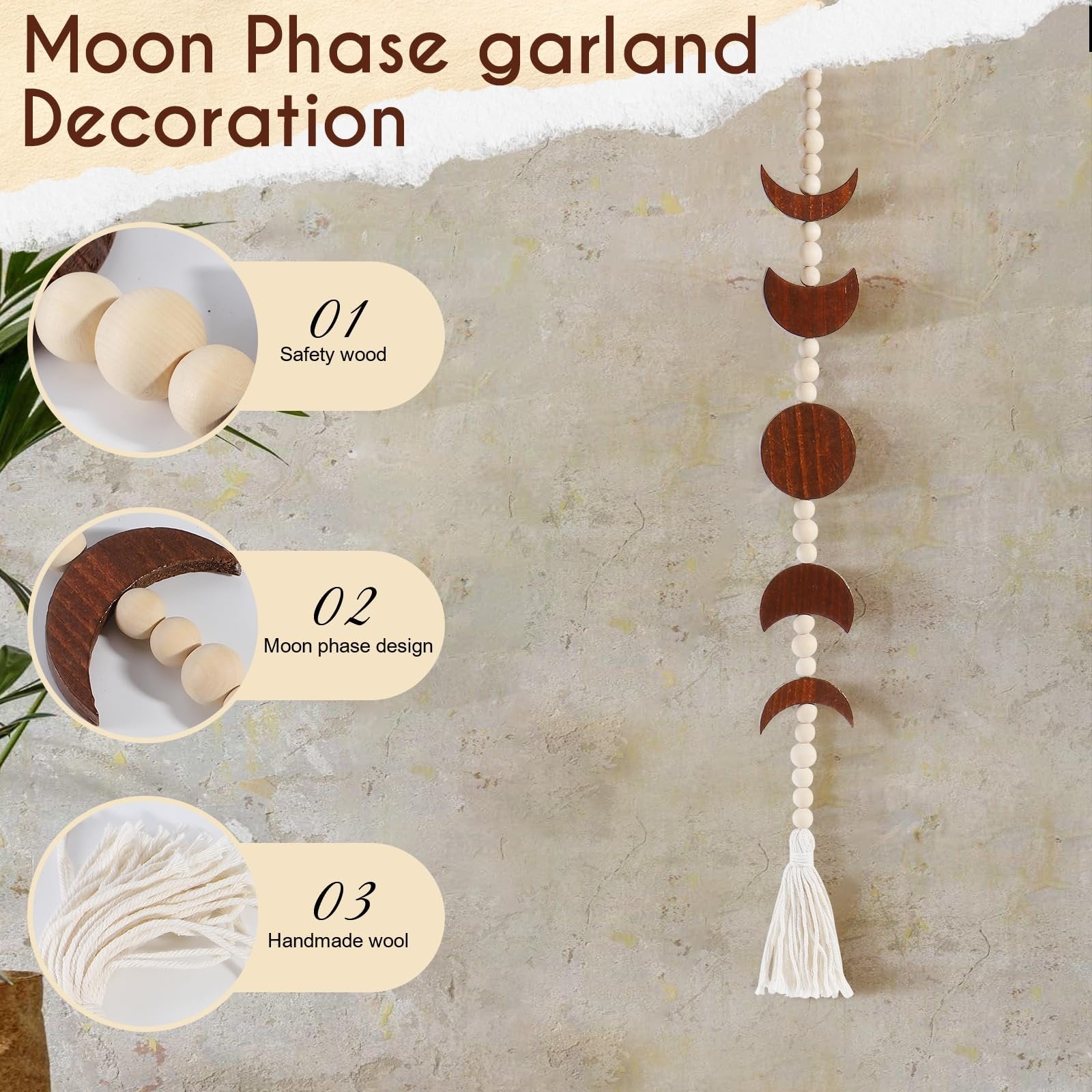 Moon phase garland decoration with wooden moons, beads, and tassel hanging on a textured wall.