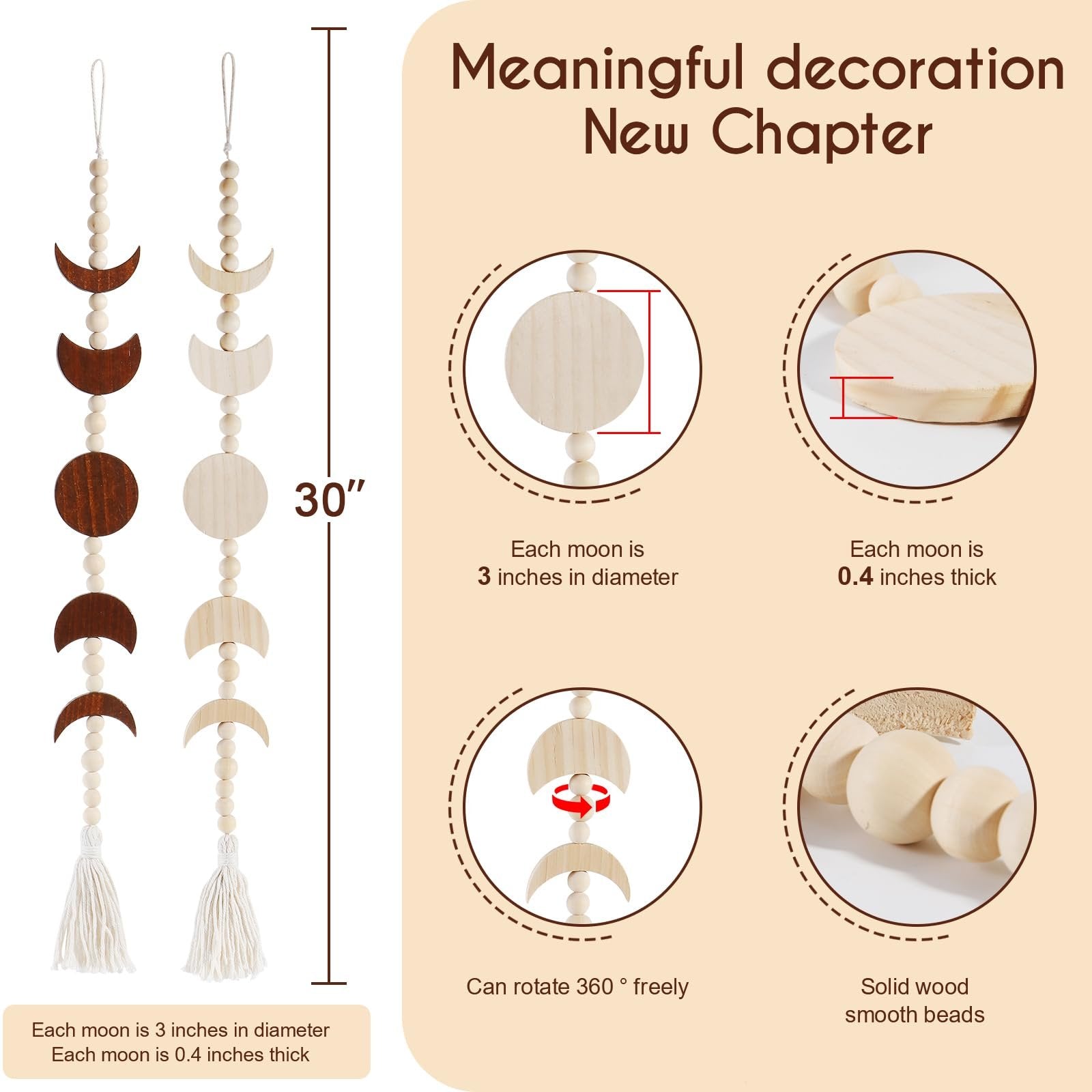 Two wood moon phase wall hangings with beads and tassels, showing dimensions and features.