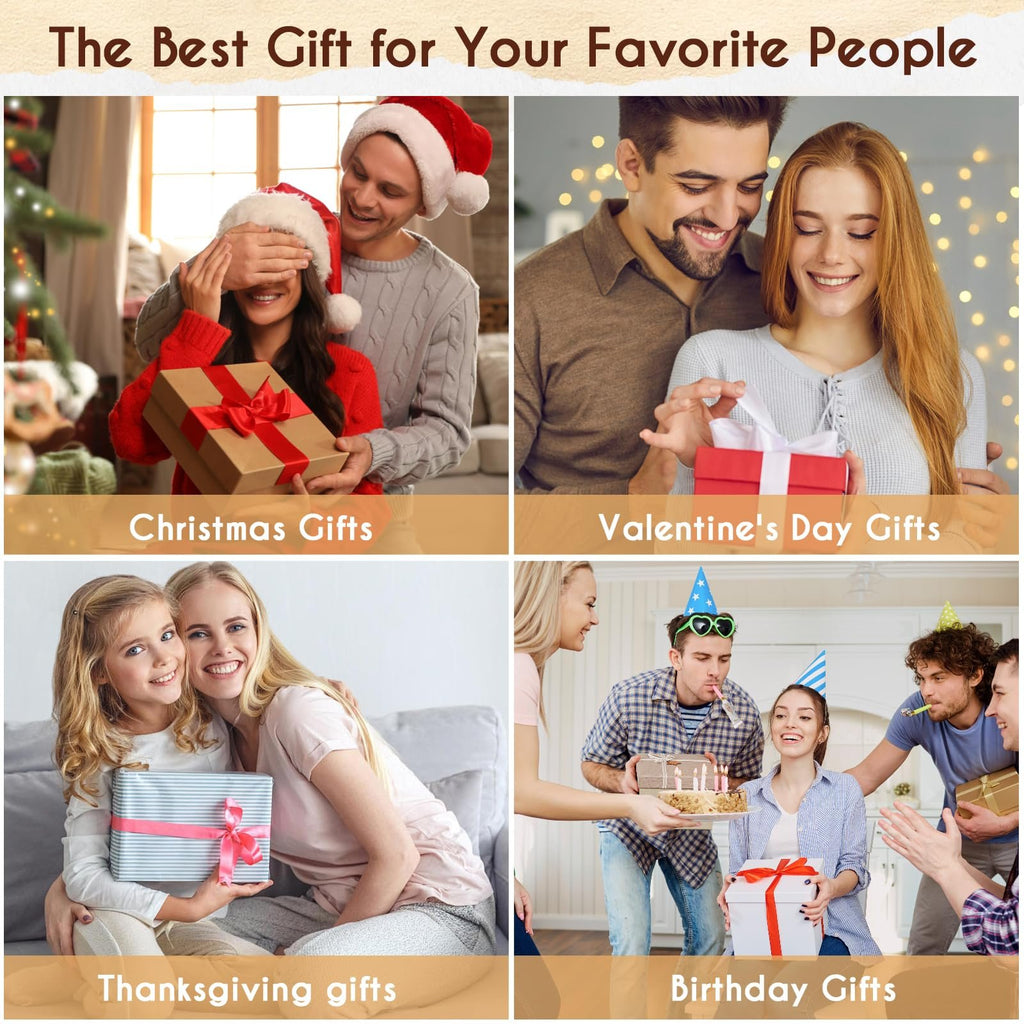 Collage of people giving and receiving gifts for various holidays and celebrations.