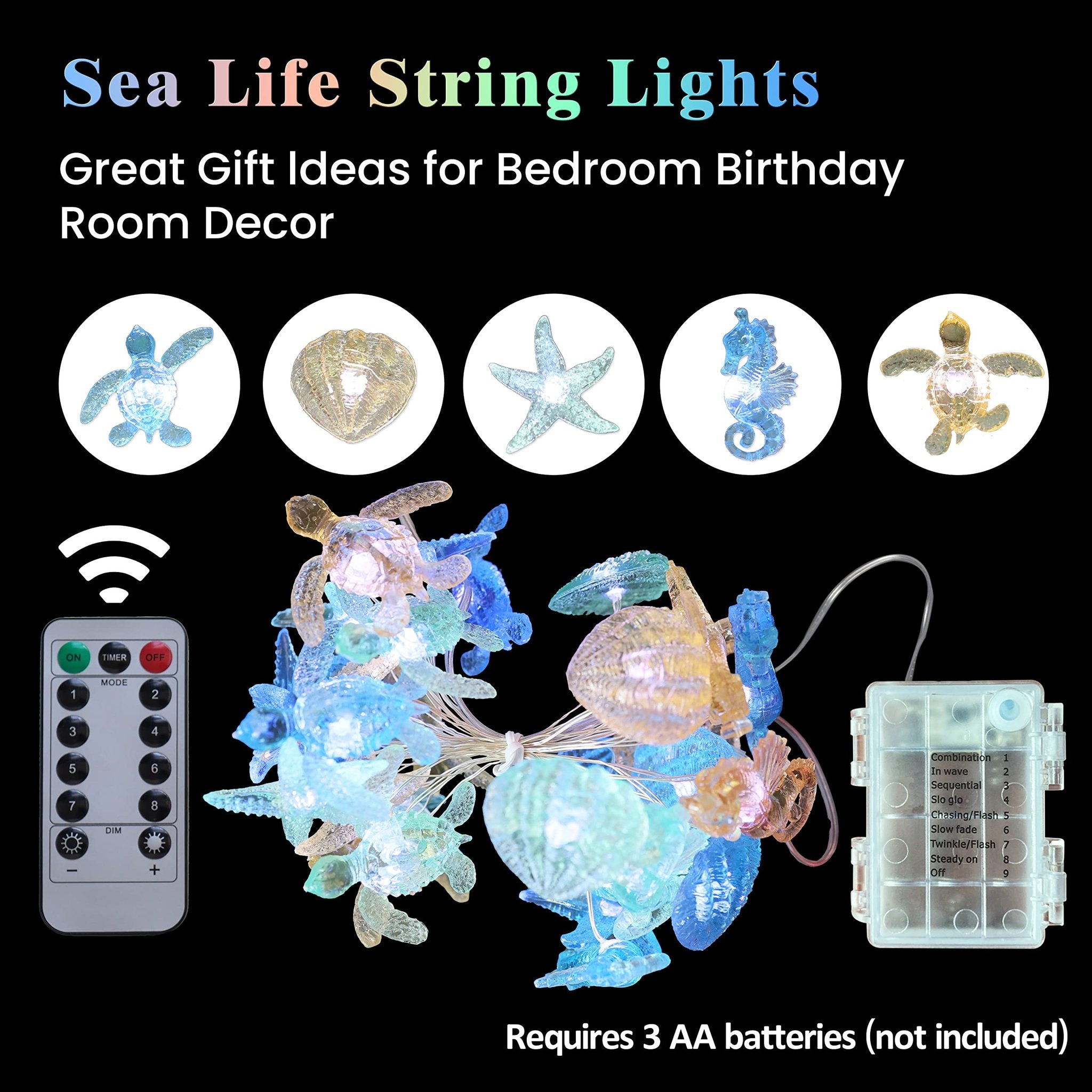Sea life string lights with sea turtle, starfish, seahorse, and shell figurines, includes remote and battery pack.