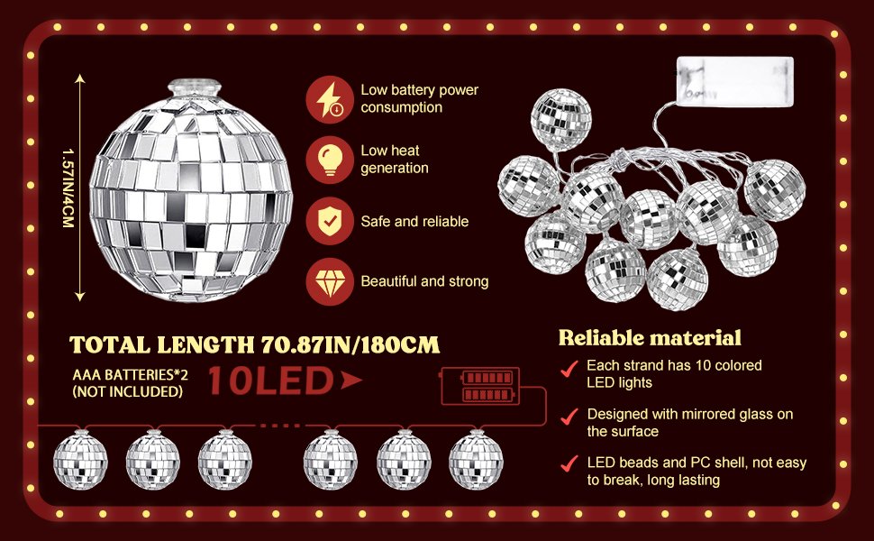 String lights with 30 disco balls, each 1.57 inches wide, total length 70.87 inches.
