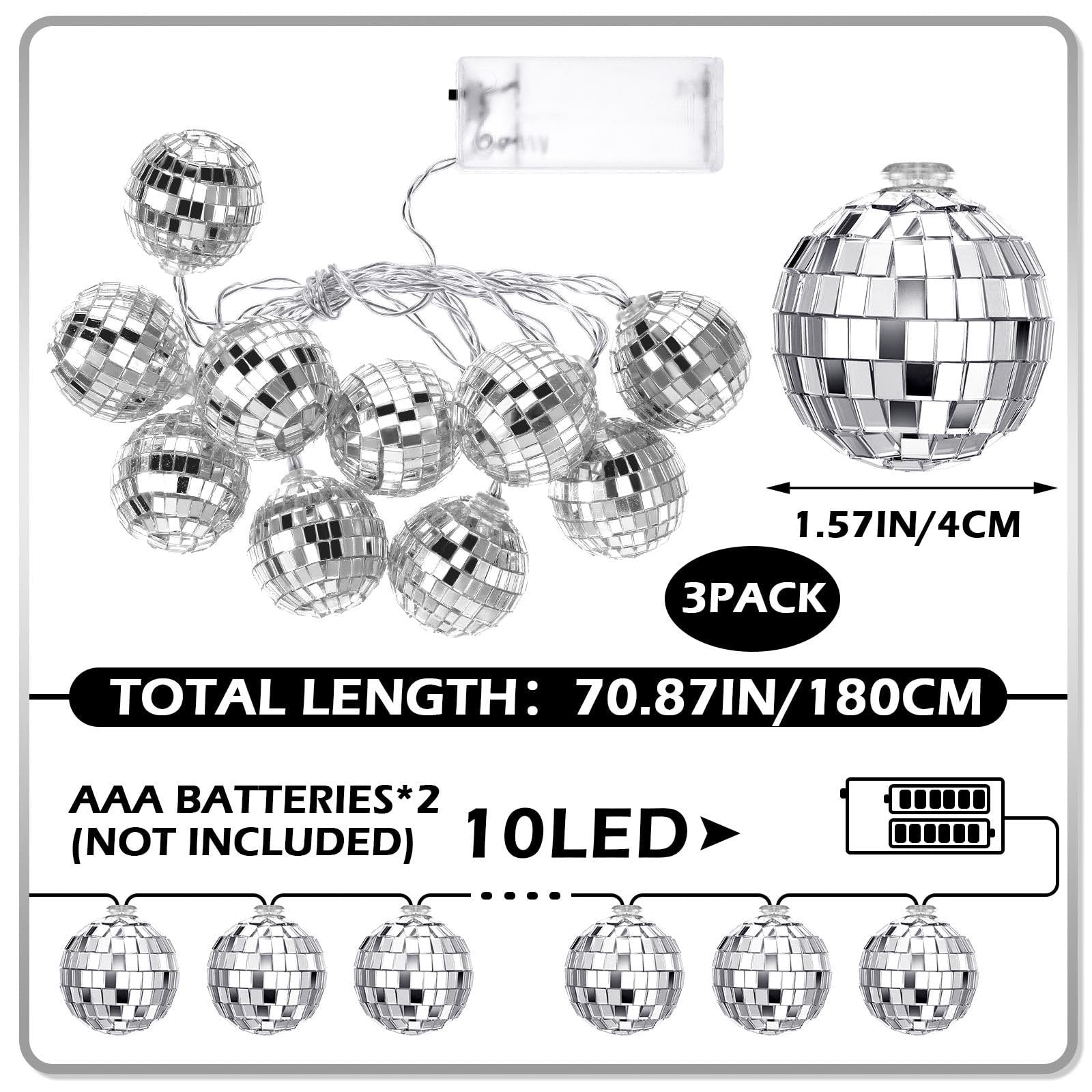 Silver mirror ball string lights with battery pack and product dimensions shown