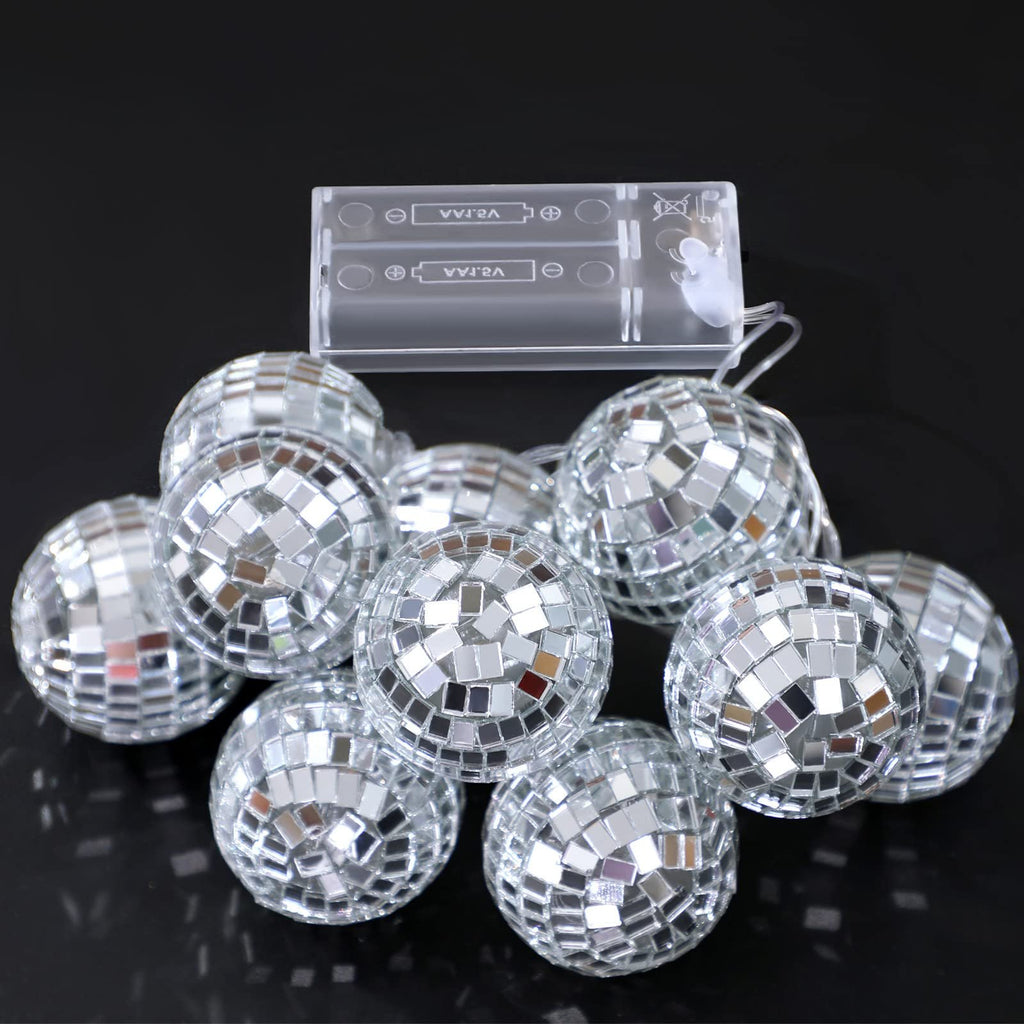 Cluster of 30 silver mirror ball string lights with a clear battery pack on a black background