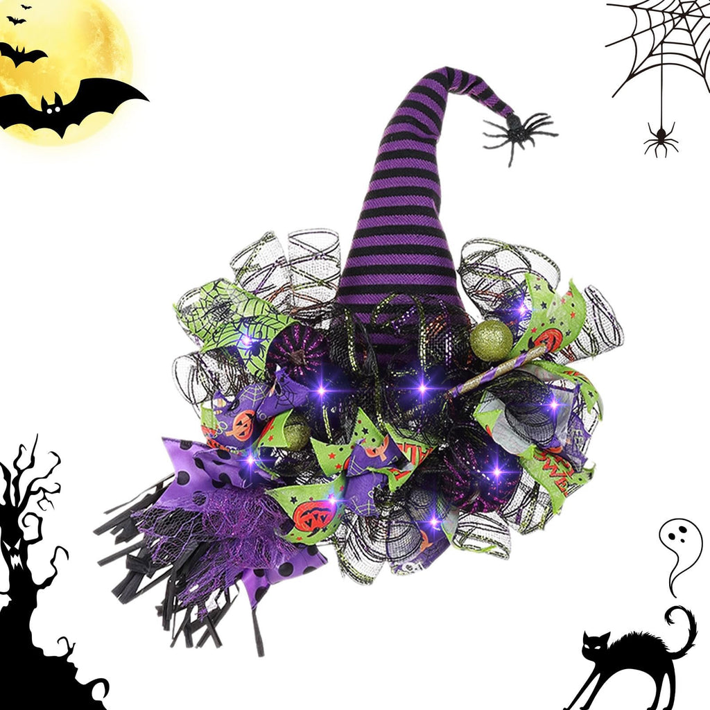 Halloween witch hat wreath with purple lights, mesh, and decorative ribbons on a white background with Halloween graphics.
