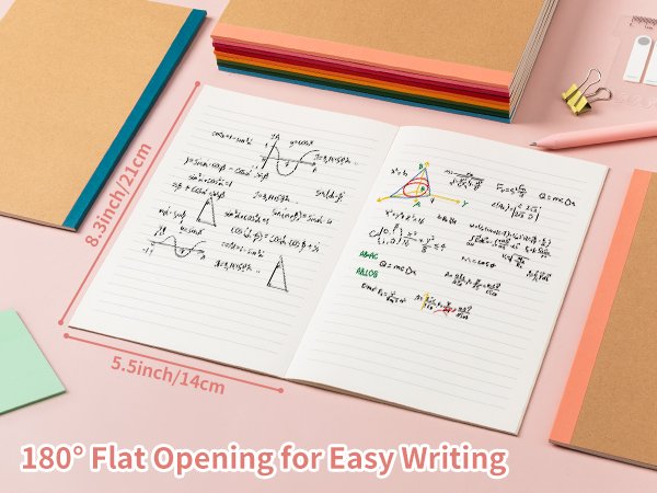 Open A5 college ruled kraft notebook with math equations and diagrams on pages, showing dimensions and flat opening feature.