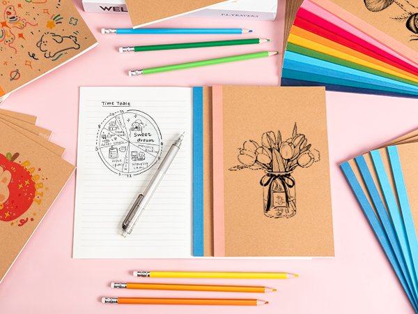 A5 kraft notebooks with rainbow spines, open notebook showing a time table and a pen, and a notebook with a tulip drawing.