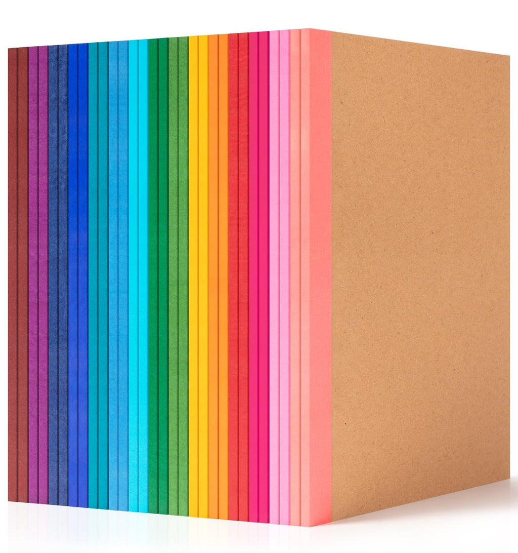 Stack of 30 A5 college ruled kraft notebooks with rainbow spines, shown from an angled perspective on a white background.