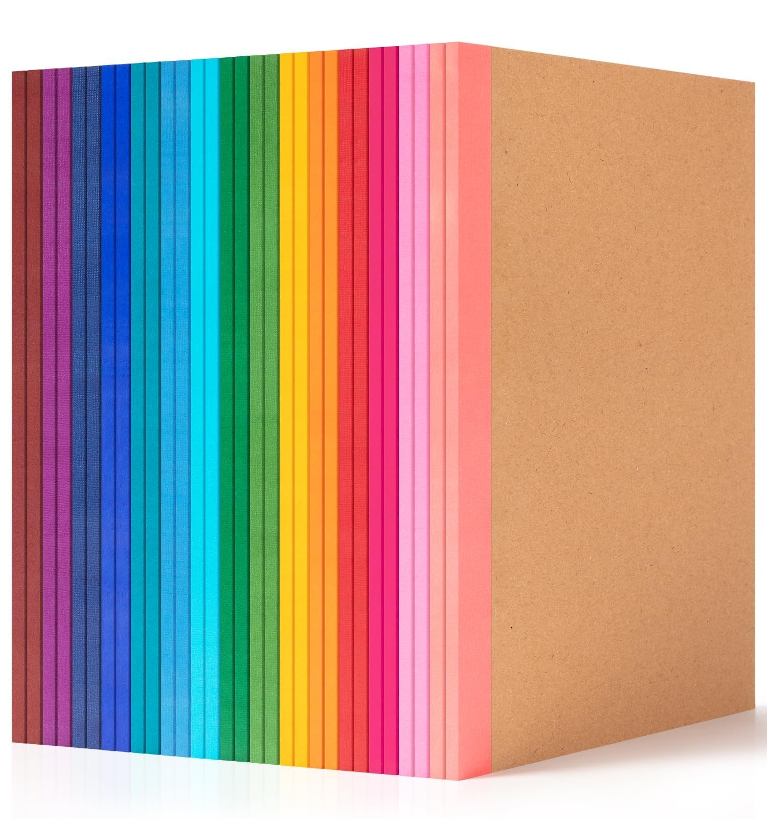 Stack of 30 A5 college ruled kraft notebooks with rainbow spines, shown from an angled perspective on a white background.