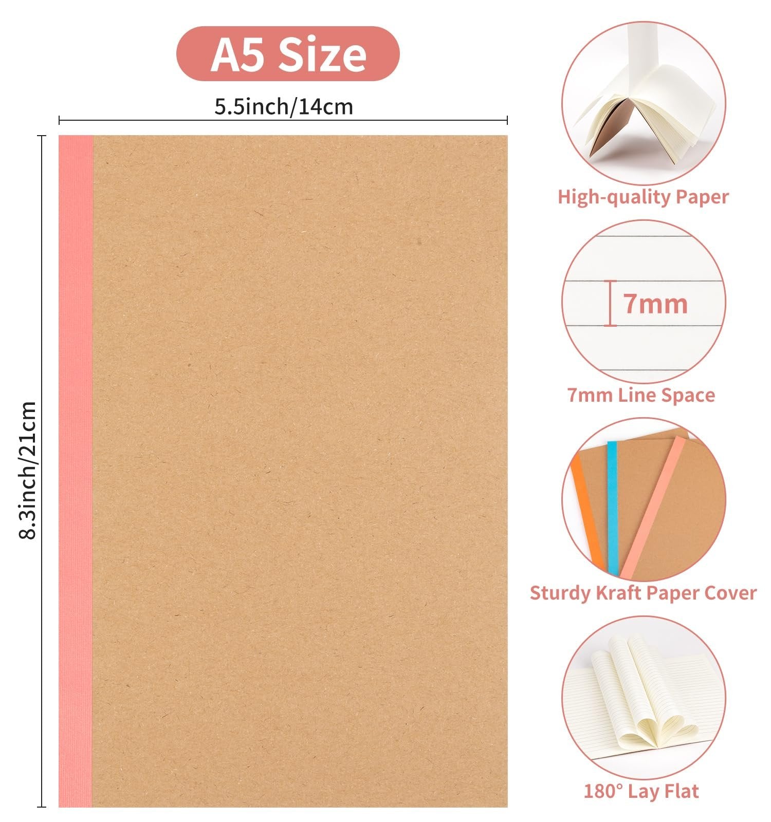 A5 kraft notebook with pink spine, showing dimensions and features like high-quality paper, 7mm line spacing, sturdy cover, and 180° lay flat binding.