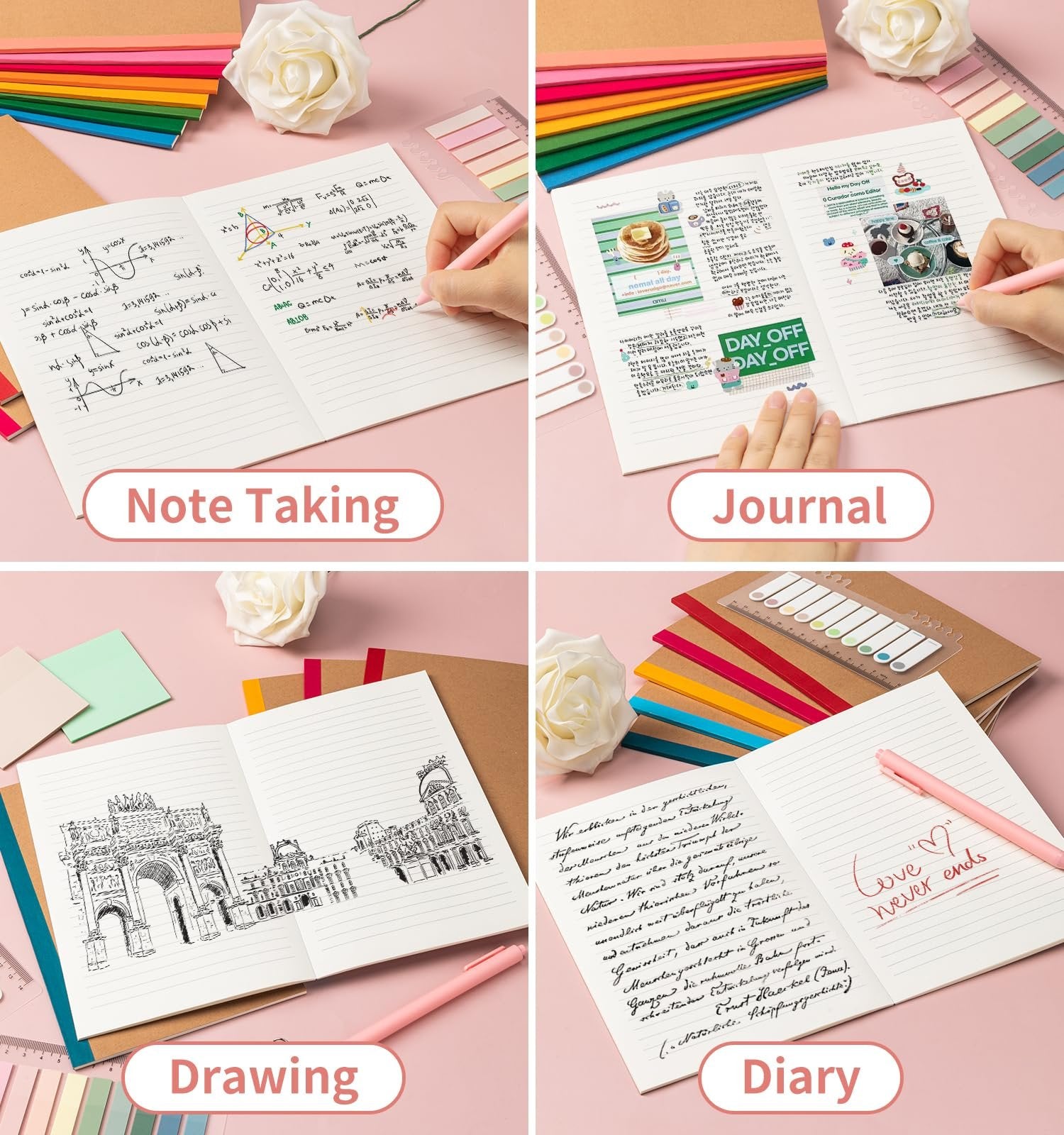 Collage of four images showing A5 notebooks for note taking, journaling, drawing, and diary entries.