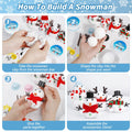 Four-panel image showing steps to build a snowman craft kit. Includes clay, accessories, and finished snowmen.