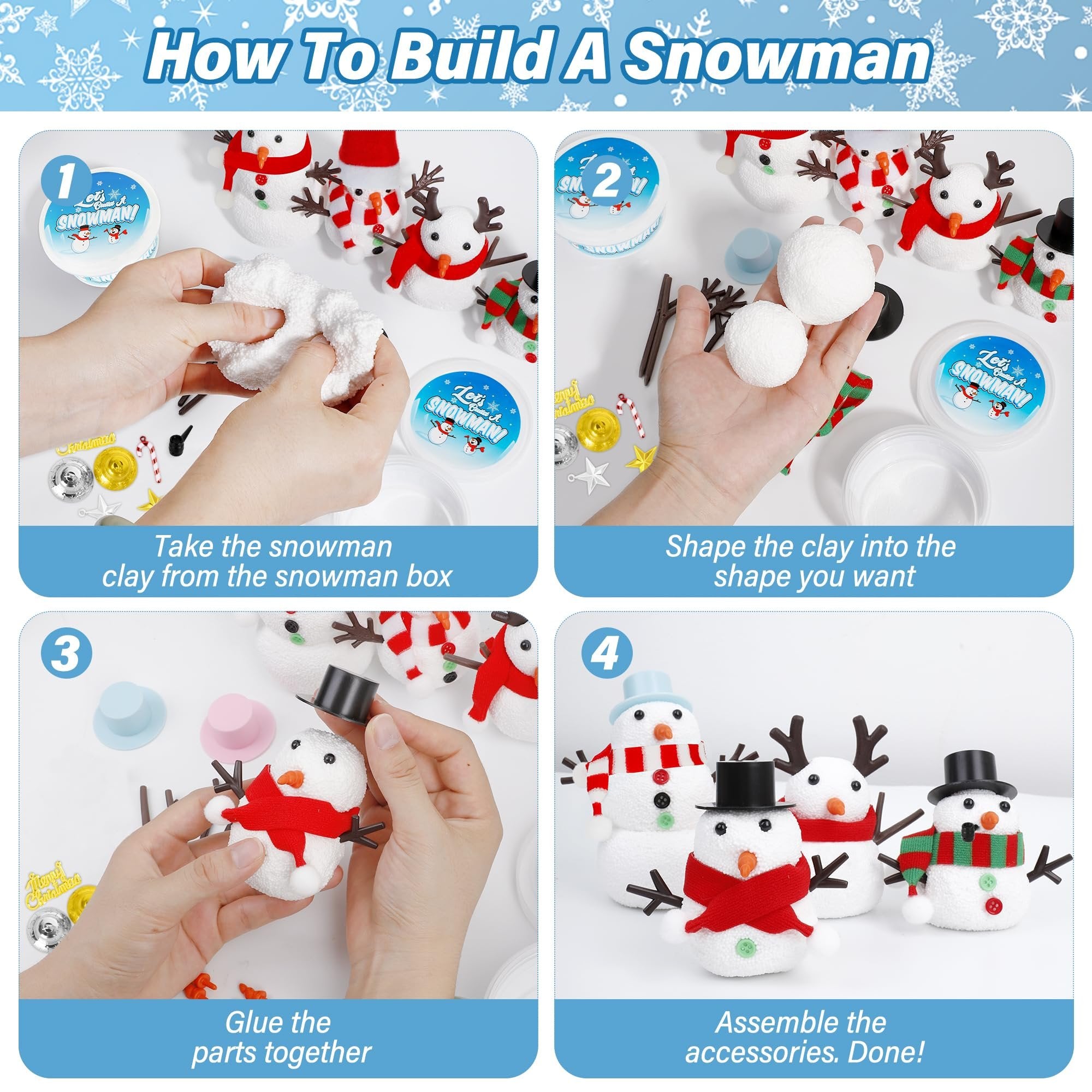 Four-panel image showing steps to build a snowman craft kit. Includes clay, accessories, and finished snowmen.