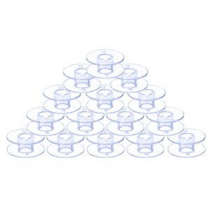 Stack of 30 transparent plastic sewing machine bobbins arranged in a pyramid shape against a white background.