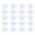 Thirty transparent plastic sewing machine bobbins arranged in a grid on a white background.