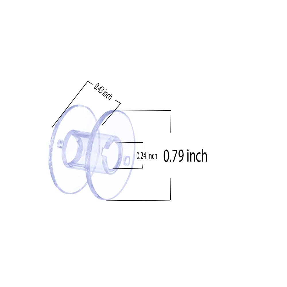 Transparent plastic sewing machine bobbin with dimensions labeled 0.43 inch, 0.24 inch, and 0.79 inch.