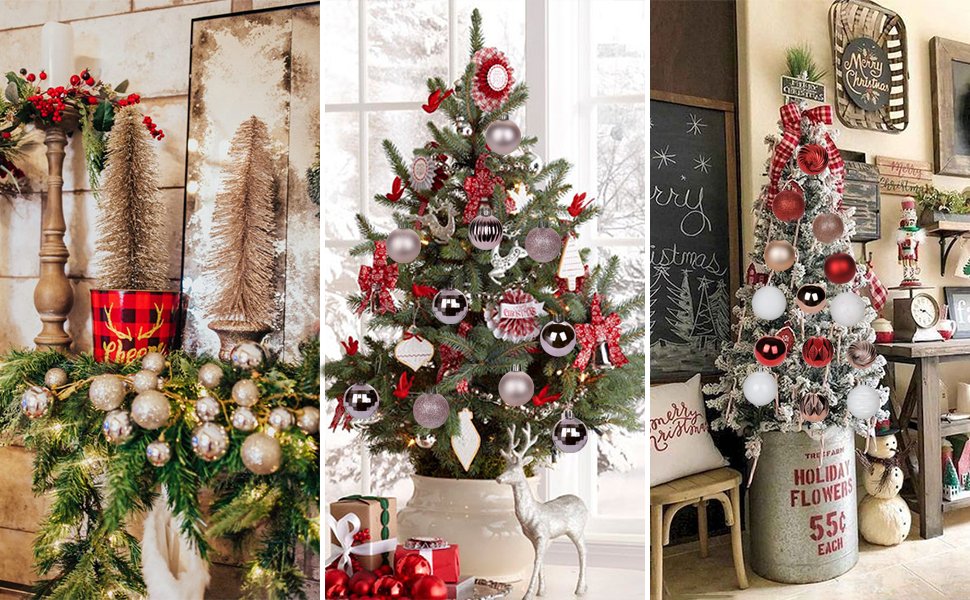 Collage of three Christmas tree decorating scenes with ornaments, greenery, and festive decor.