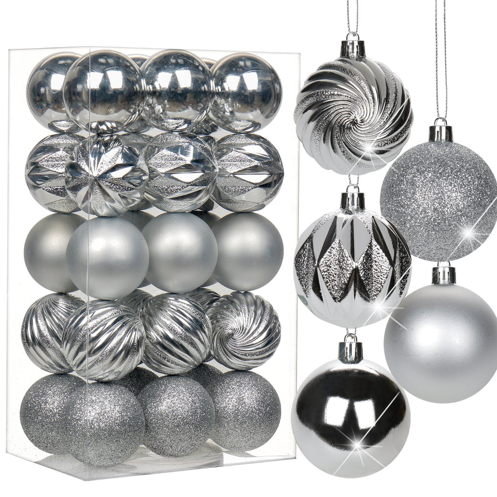 Silver shatterproof Christmas ball ornaments in a clear plastic box and hanging on display