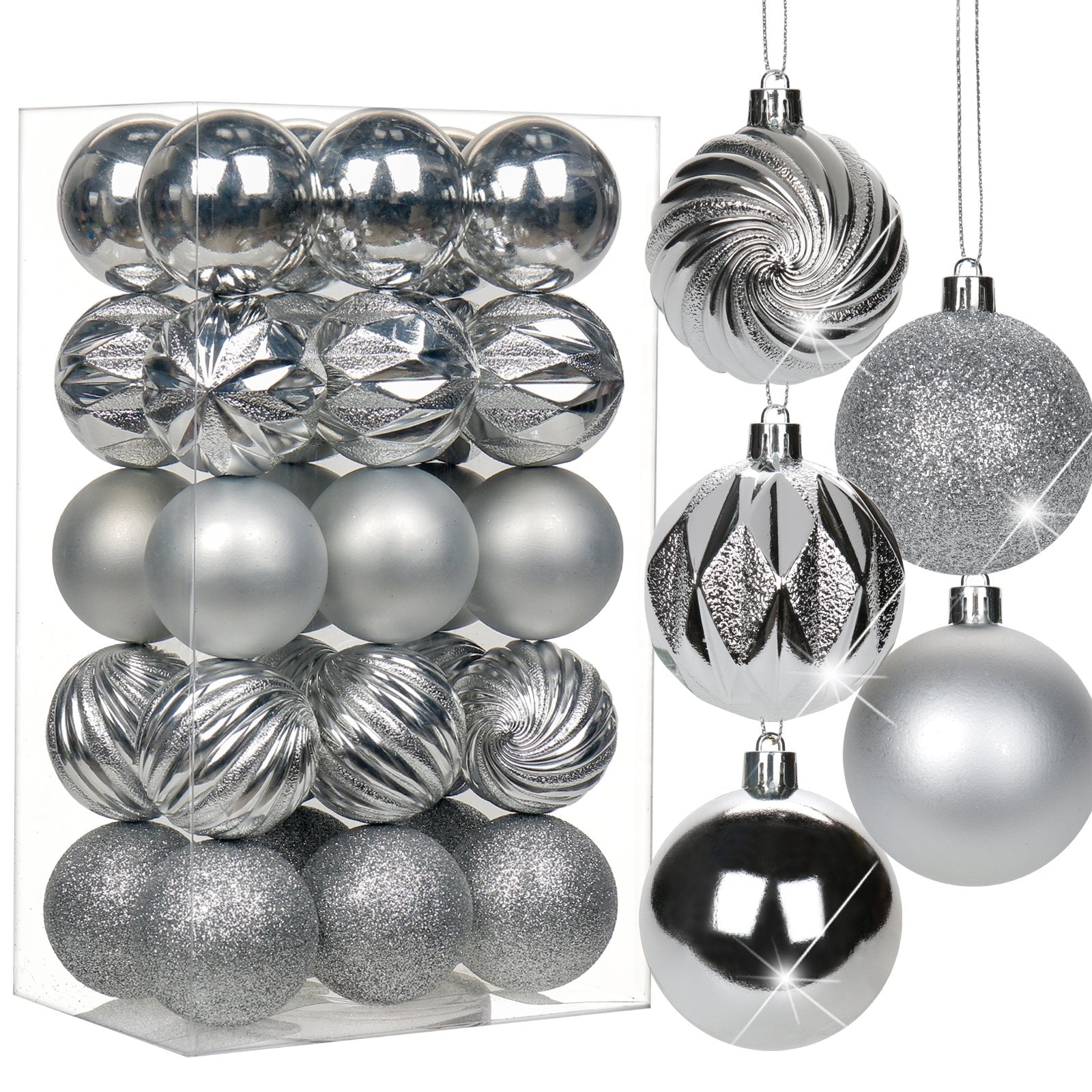 Silver shatterproof Christmas ball ornaments in a clear plastic box and hanging on display