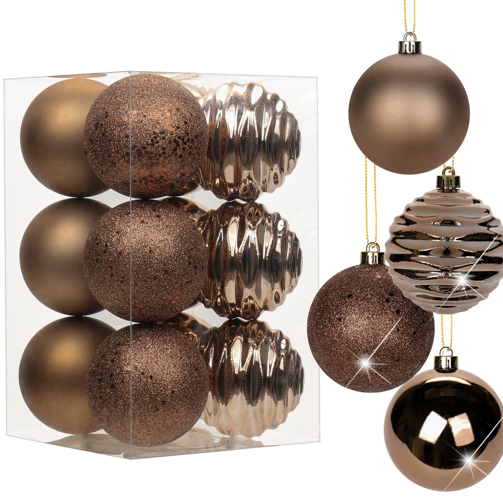 Champagne shatterproof plastic Christmas ball ornaments in a clear box and hanging individually