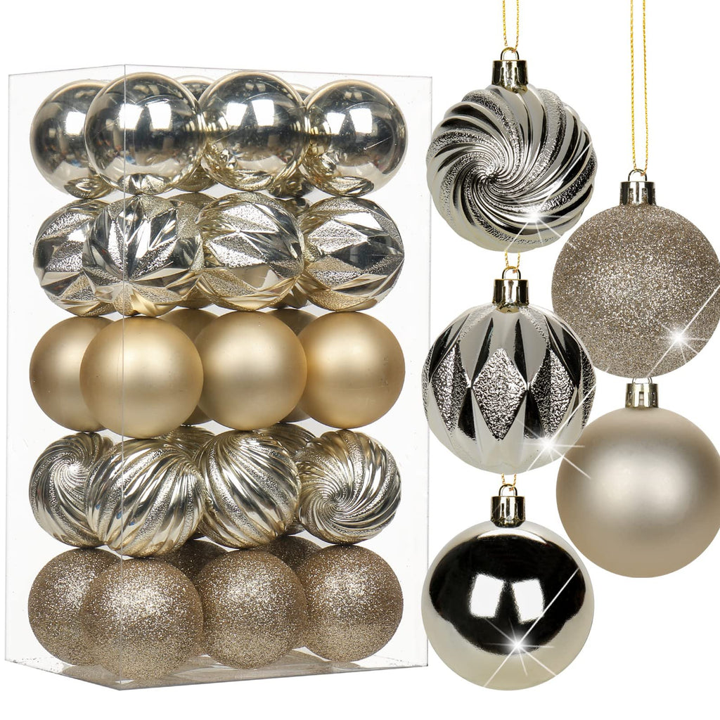Champagne shatterproof plastic Christmas ball ornaments in a clear box and hanging individually