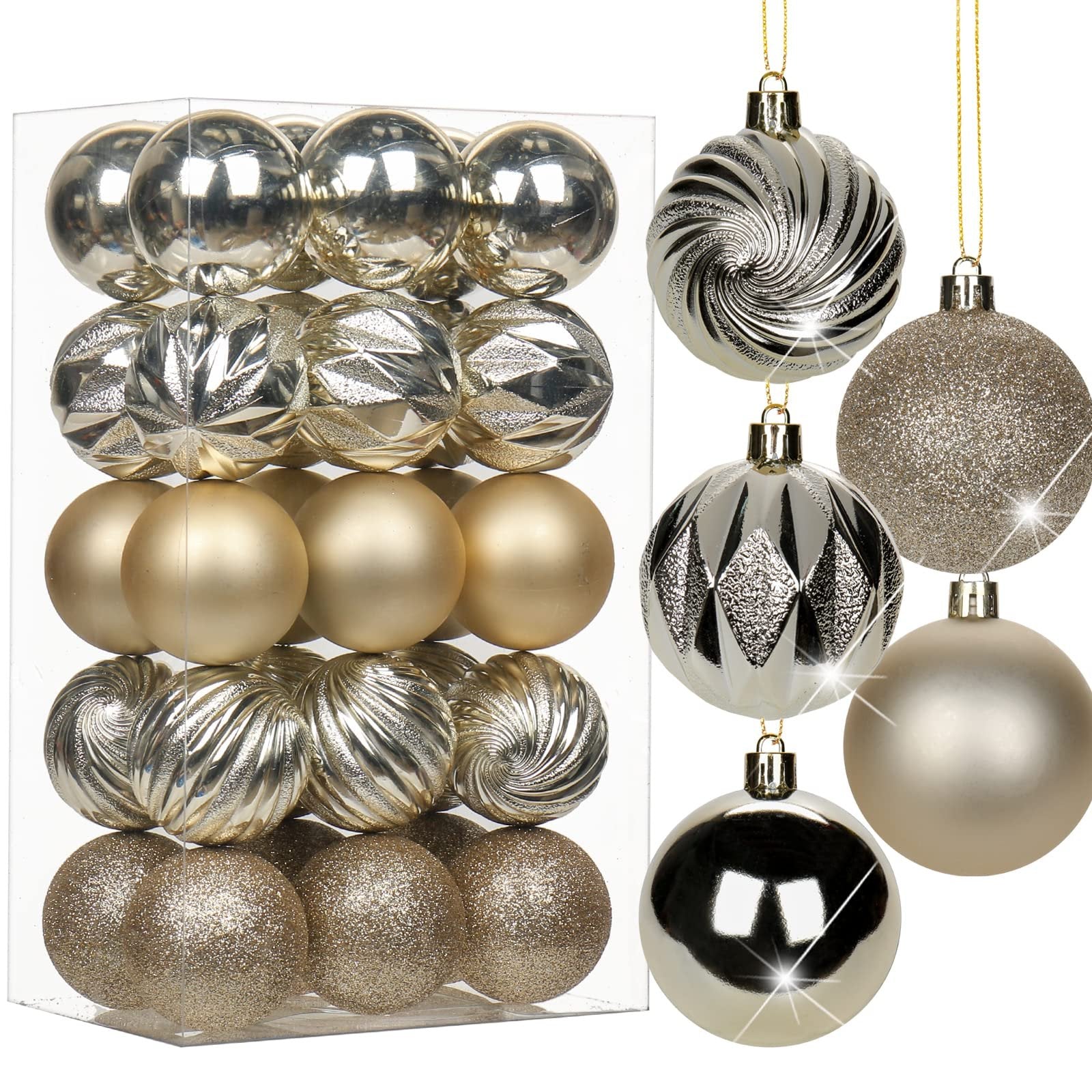 Champagne shatterproof plastic Christmas ball ornaments in a clear box and hanging individually
