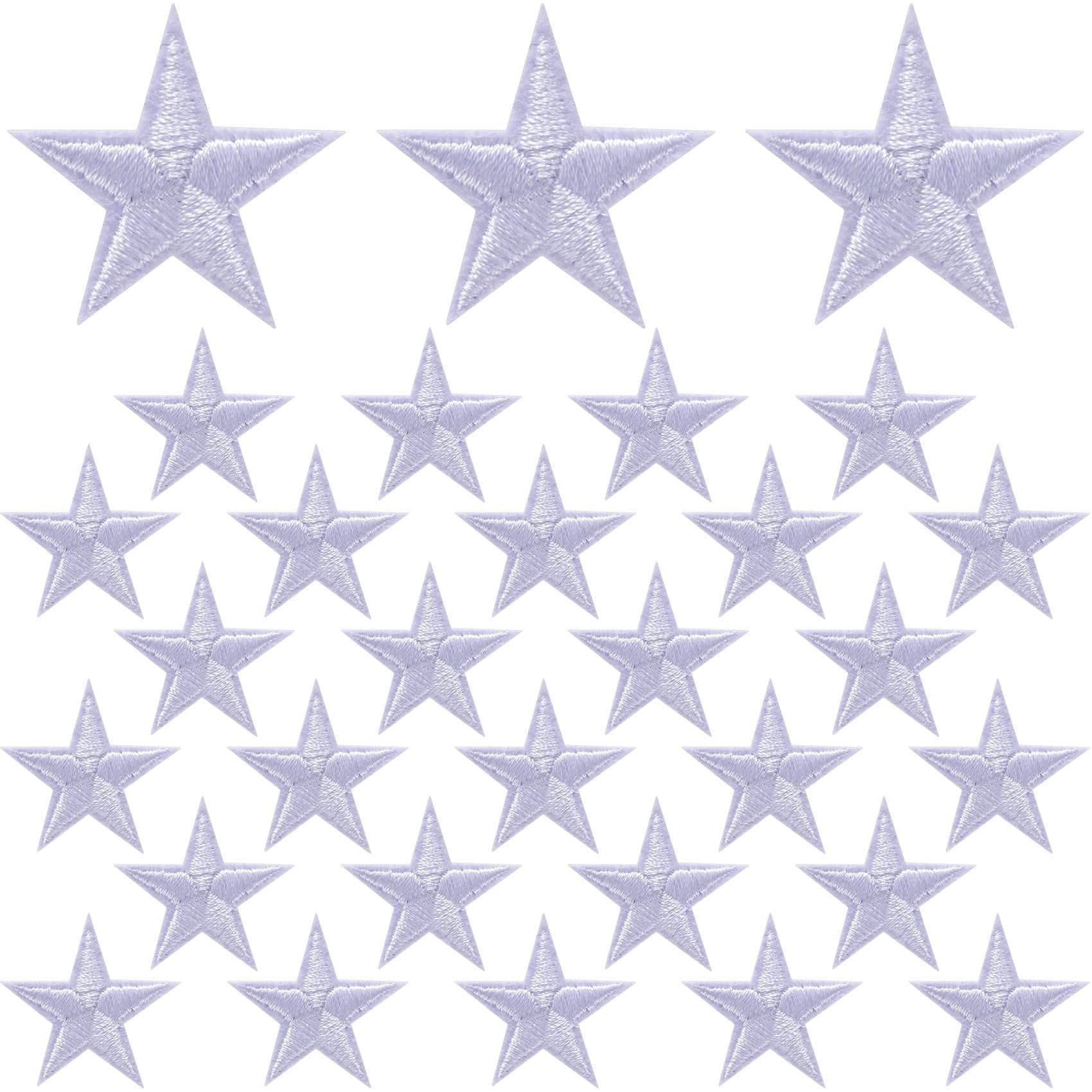 White embroidered star patches arranged in rows on a white background.