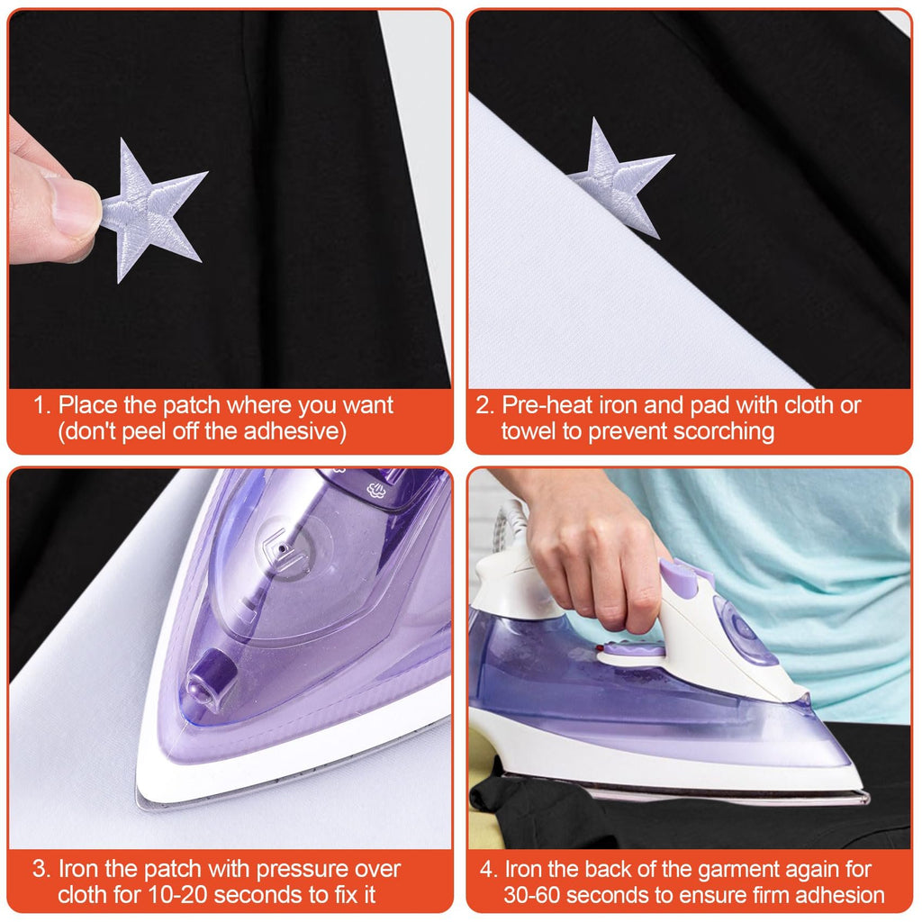 Four-panel image showing how to iron on a star patch to clothing. Includes close-ups of placement, ironing, and a hand holding an iron.