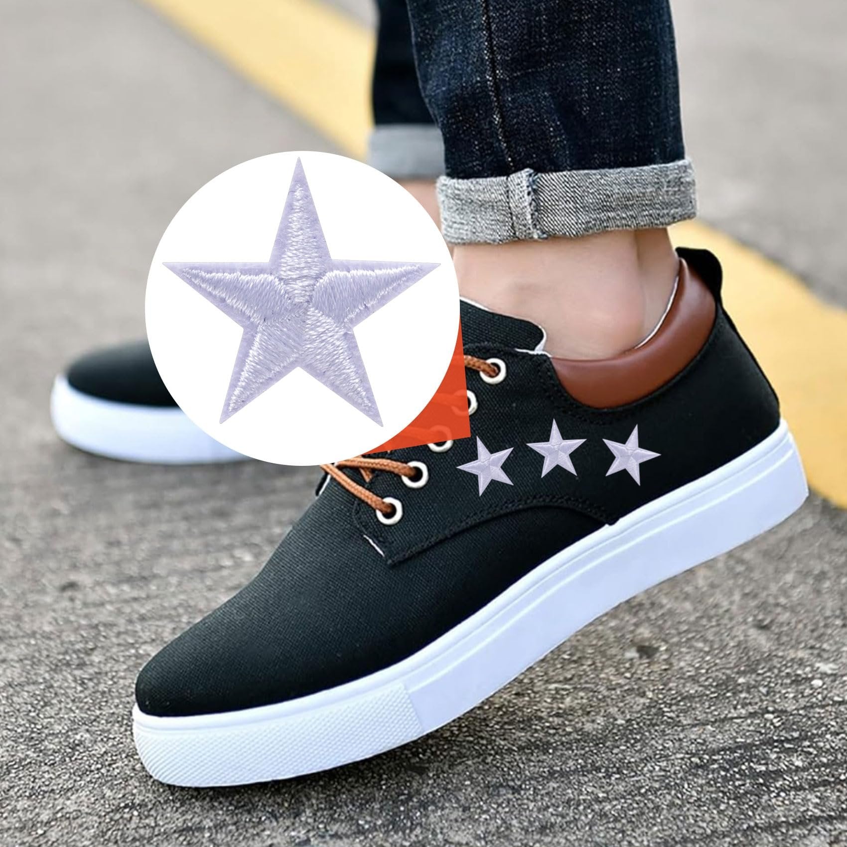 White embroidered star patches applied to a black canvas shoe, with a close-up inset of a single star patch.
