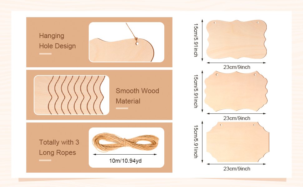 Three unfinished wood sign blanks with dimensions and rope shown, highlighting hanging hole and smooth material.