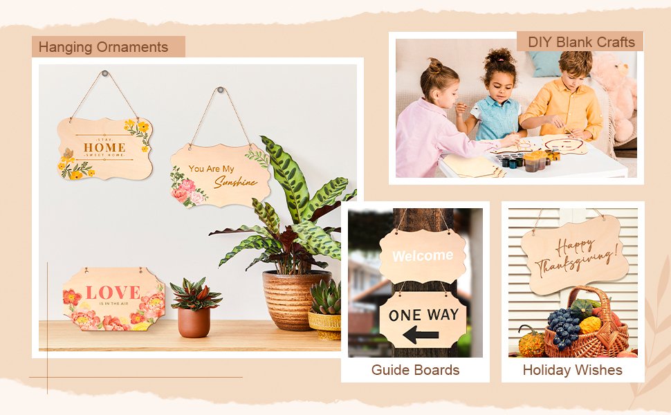 Collage of unfinished wood signs for crafts, including hanging ornaments, DIY crafts with children, guide boards, and holiday wishes.