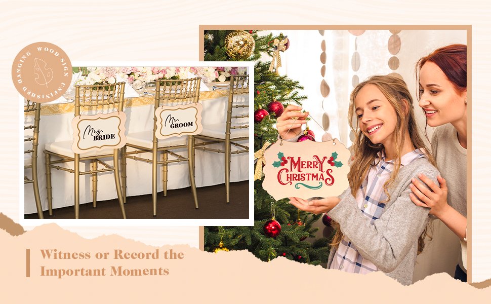 Two unfinished wood signs, one reading 'Mrs. Bride' and the other 'Mr. Groom', hang on chairs. A woman and girl hold a 'Merry Christmas' sign near a decorated tree.