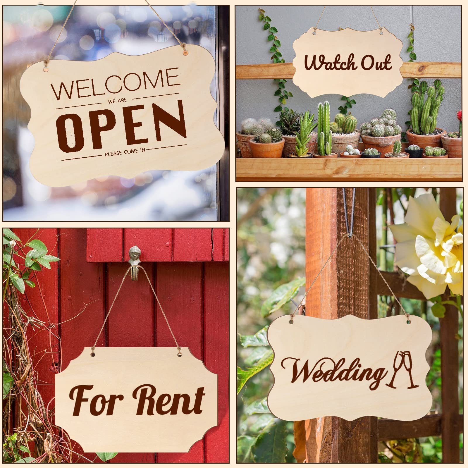 Collage of four wooden signs: 'WELCOME OPEN PLEASE COME IN', 'Watch Out', 'For Rent', and 'Wedding' with champagne glasses.