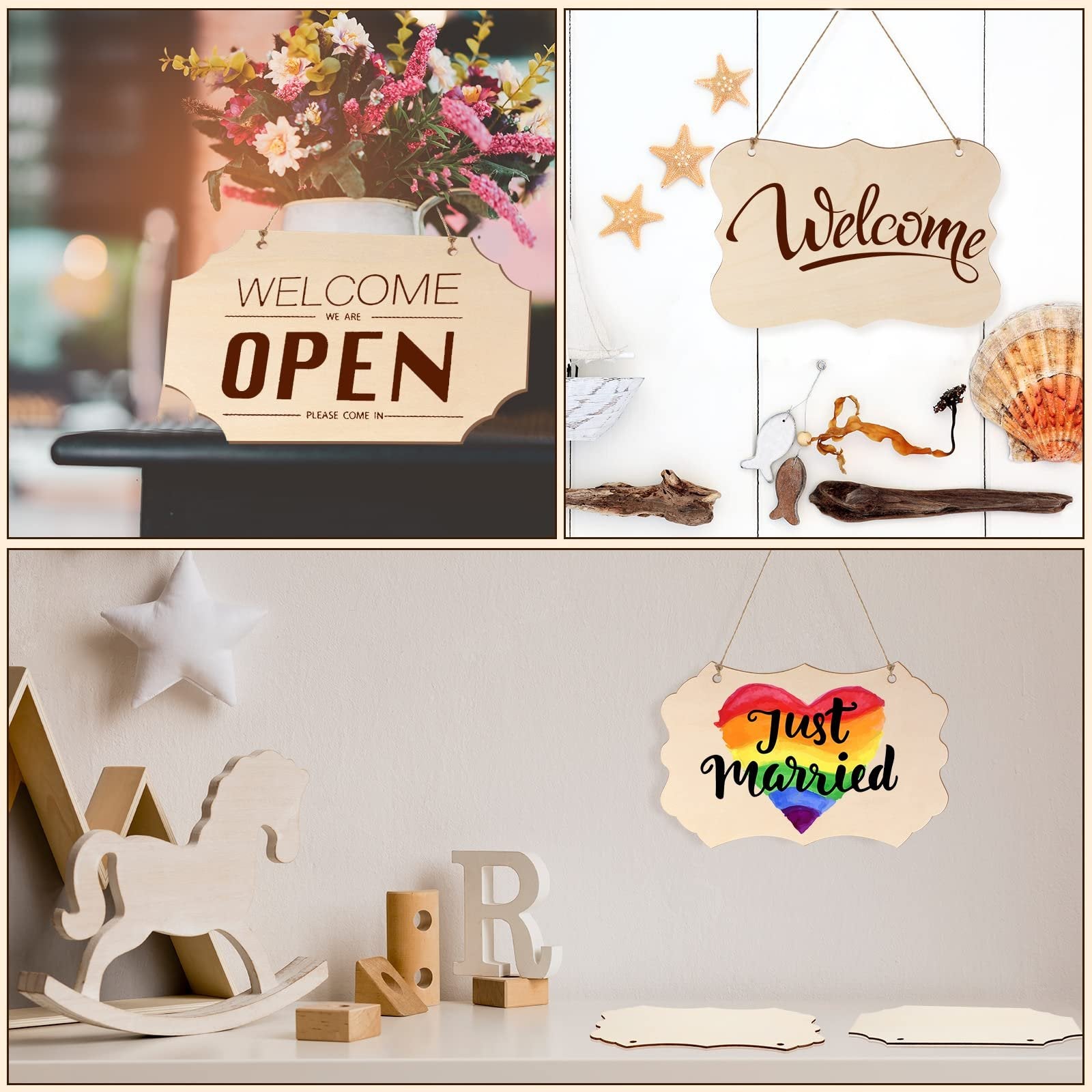 Three unfinished wooden signs with various decorative text and images, displayed in different settings.